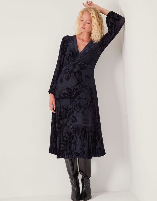 Dolly Floral Devor&eacute; Midi Dress, Blue (MIDNIGHT), large