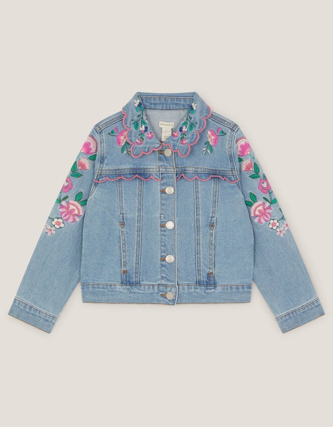 Floral Embroidered Frill Denim Jacket, Blue (BLUE), large