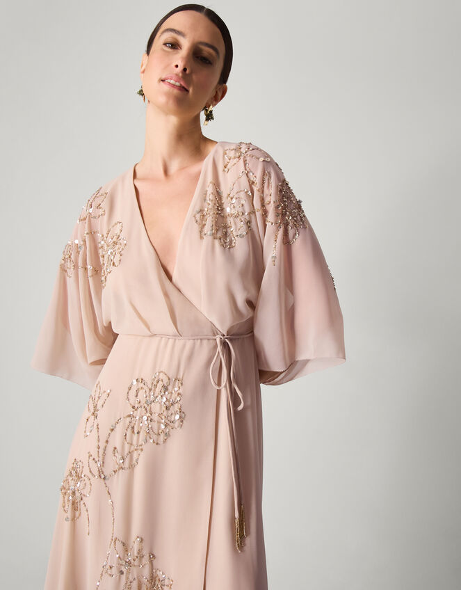 Skyla Floral Embellished Maxi Wrap Dress, Nude (NUDE), large