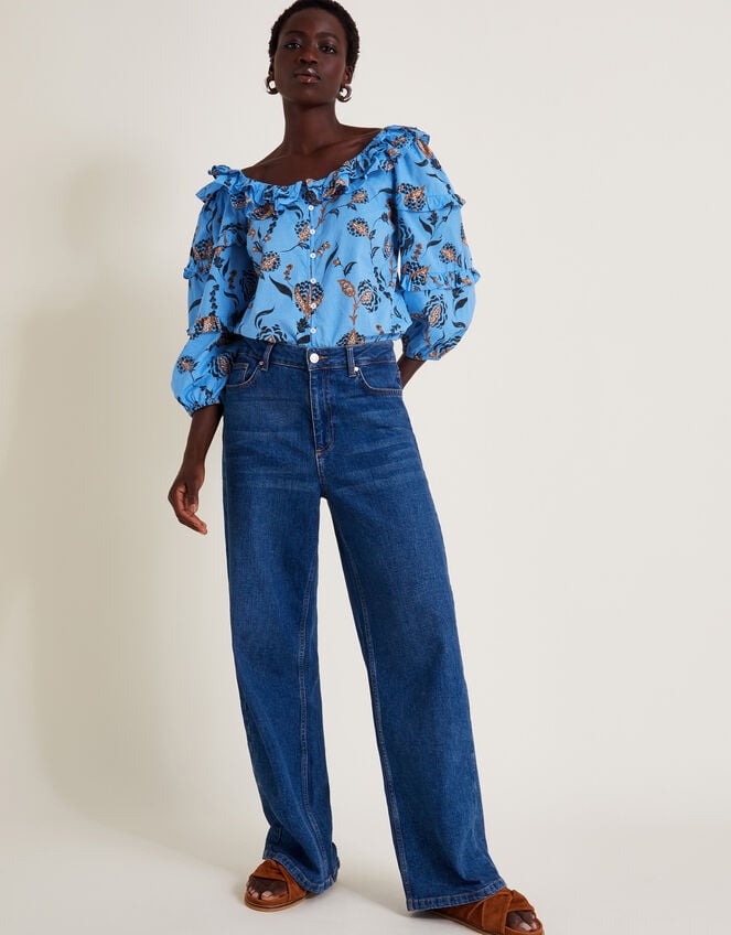 Clara Floral Frill Blouse, Blue (BLUE), large