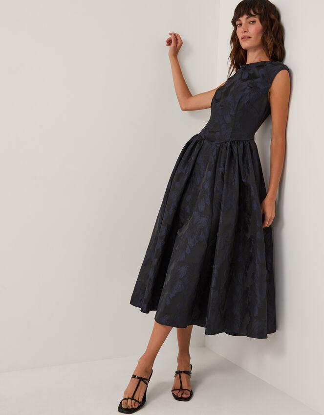 Jayda Sleeveless Floral Jacquard Midi Dress, Blue (NAVY), large
