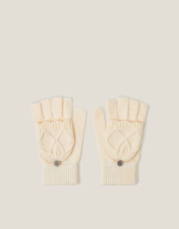 Diamond Fingerless Gloves with Mittens, Ivory (IVORY), large