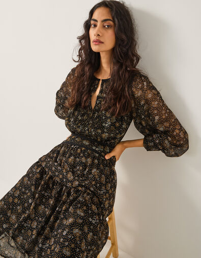 Clara Dotwork Print Midi Dress, Black (BLACK), large