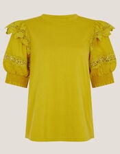 Fay Broderie Puff Sleeve Jersey Top, Yellow (YELLOW), large