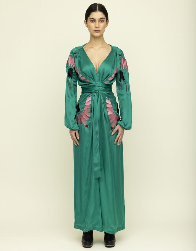 Tallulah & Hope Aziza Long Embroidered Wrap Dress, Green (GREEN), large