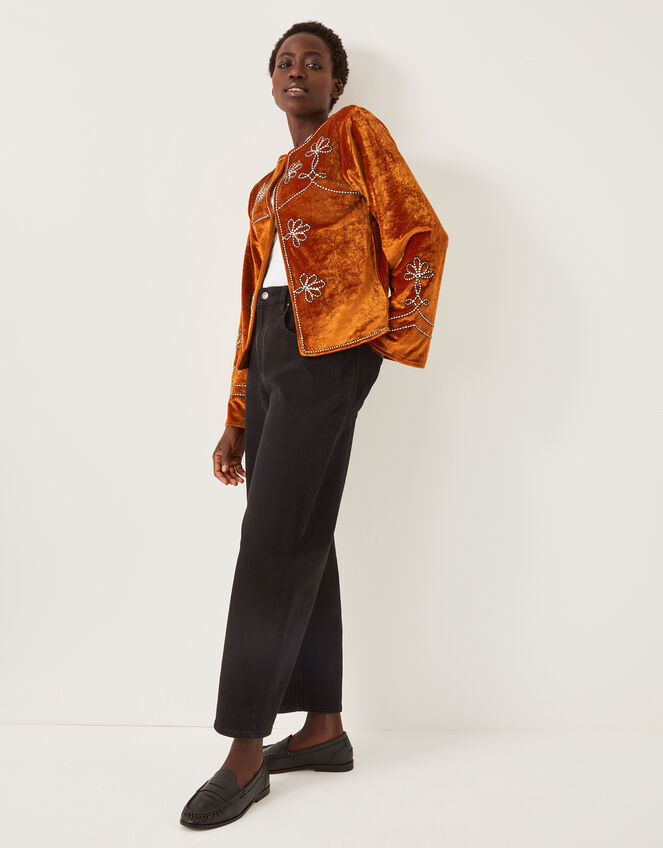 Venus Embroidered Velvet Jacket, Orange (ORANGE), large