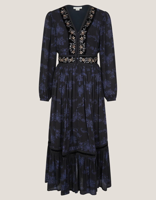 Kelly Floral Print Embellished Midi Dress , Blue (MIDNIGHT), large