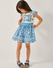 Calista Floral Print Frilly Playsuit, Blue (BLUE), large