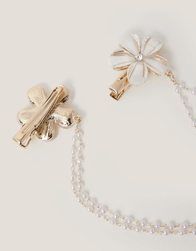 Flower Pearl Chain Double Hair Clip, , large