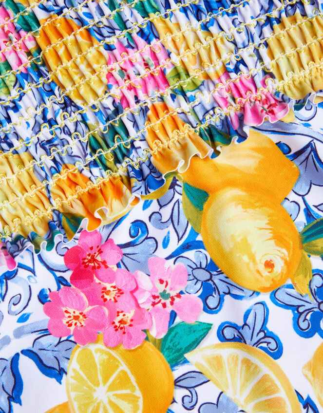 Lemon Print Smocked Swimsuit, Yellow (YELLOW), large