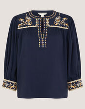 Emi Embroidered Cotton Jersey Top, Blue (NAVY), large