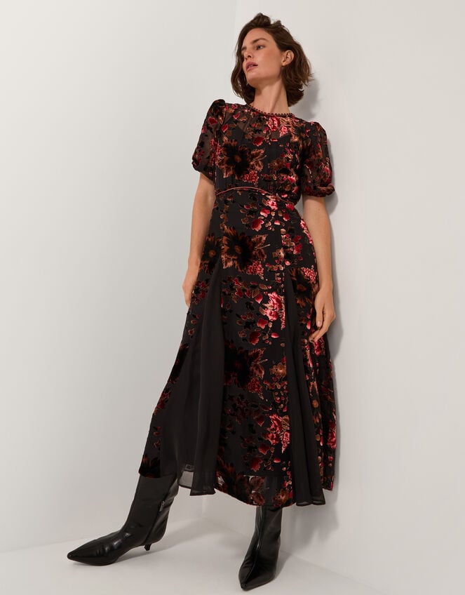 Carolyn Floral Devor&eacute; Midi Dress, Black (BLACK), large