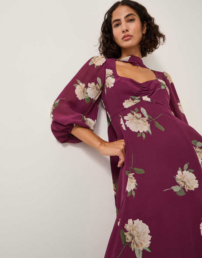 Amber Floral Print Midi Dress & Scarf, Red (BURGUNDY), large