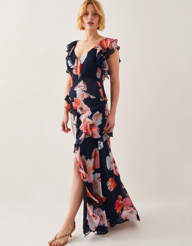 Carrie Floral Ruffle Chiffon Maxi Dress, Black (BLACK), large
