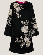 Fia Floral Embroidered Velvet Tunic Dress, Black (BLACK), large