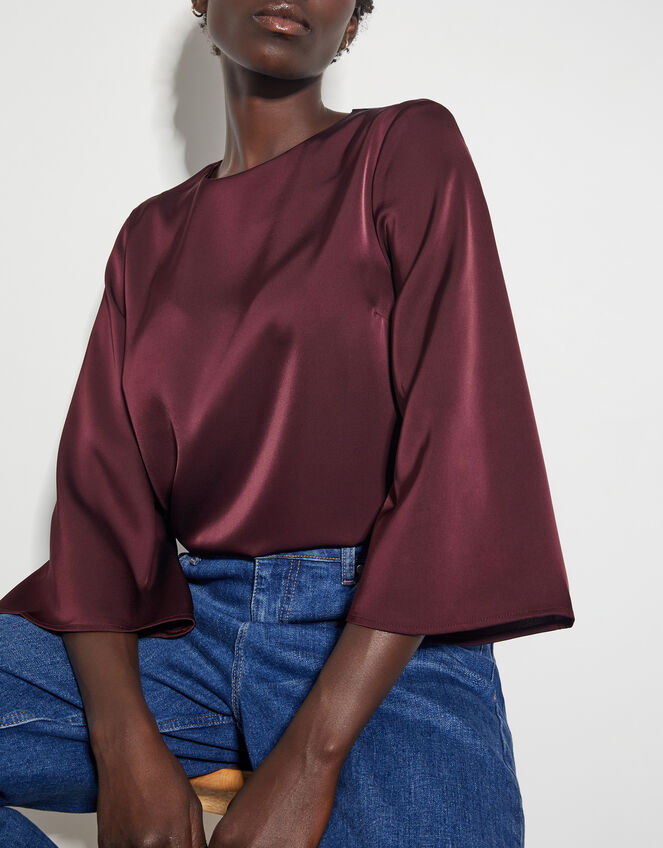 Ingrid Bell Sleeve Satin Top, Red (BURGUNDY), large