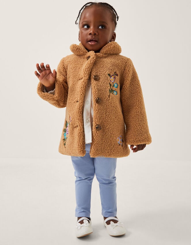 Baby Floral Embroidered Faux Shearling Coat, Camel (CAMEL), large