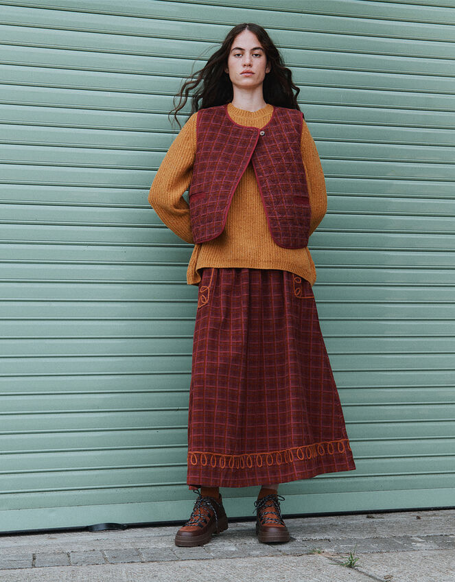 East Karina Check Corduroy Midi Skirt, Orange (RUST), large