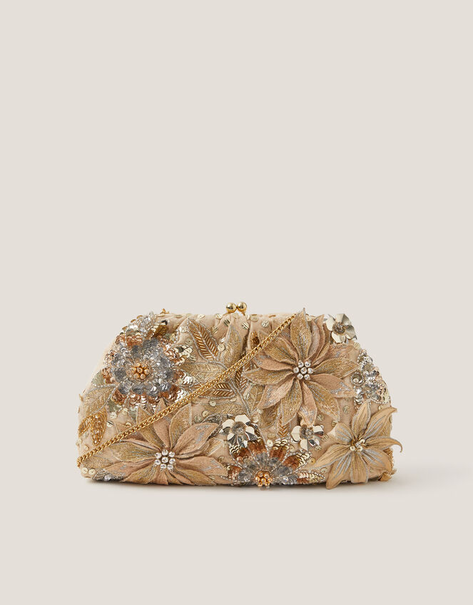 Bloom Floral Embellished Clutch Bag, Gold (GOLD), large