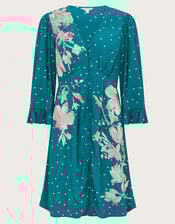 Clea Polka Dot Embroidered Dress, Teal (TEAL), large