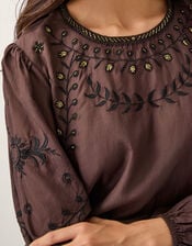 Isabelle Floral Embellished Top, Brown (CHOCOLATE), large