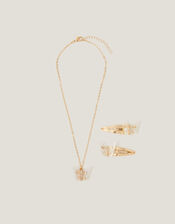 Diamanté Butterfly Necklace and Hair Clip Set, , large