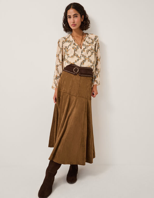 Macy Suedette A-Line Midi Skirt, DARK BROWN, large