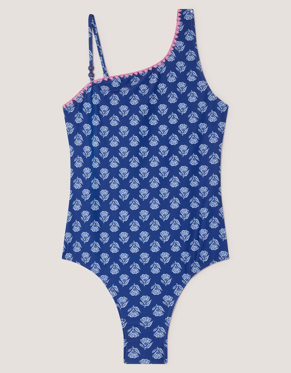 One Shoulder Block Print Swimsuit, Blue (NAVY), large