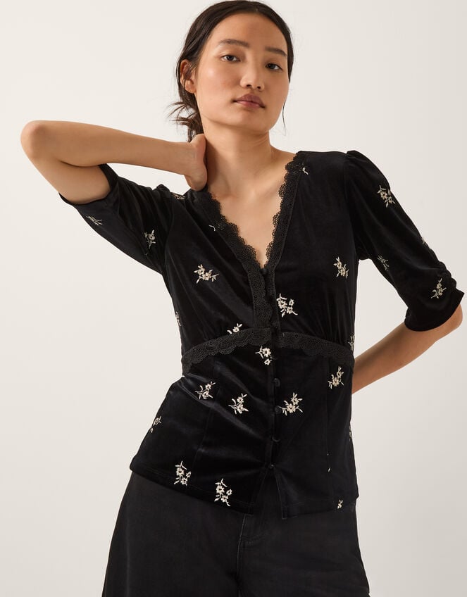 Erin Floral Lace Velvet Top, Black (BLACK), large