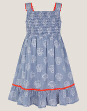 Shell Print Gingham Dress, Blue (BLUE), large