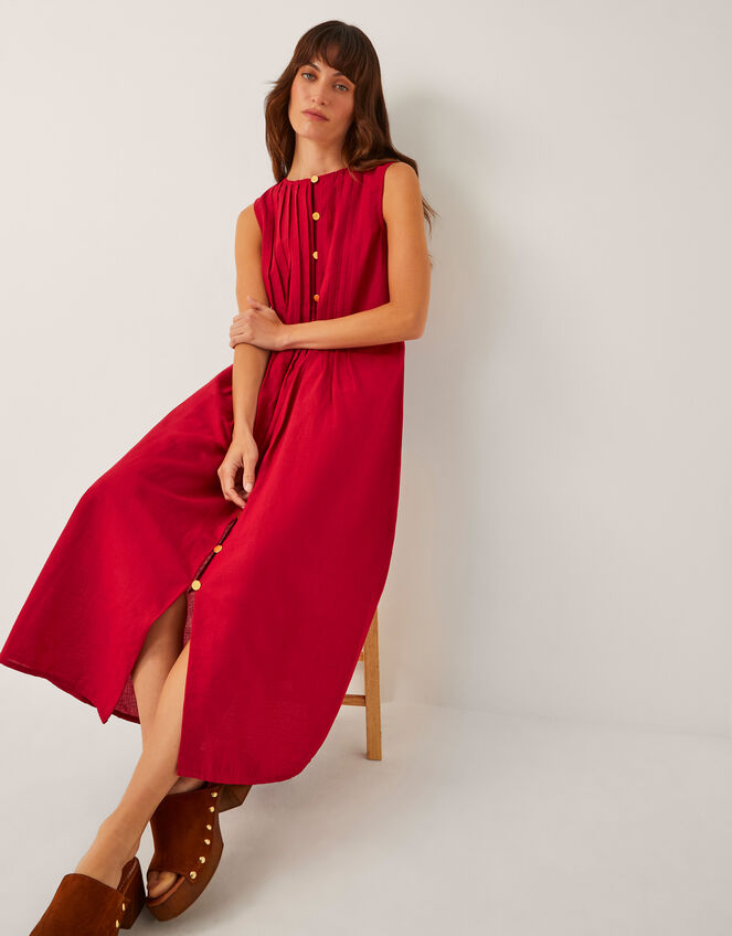 Monica Linen Blend Pleated Midi Dress, Red (RED), large