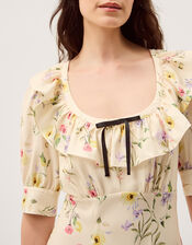 Sienna Frill Neck Floral Print Midi Dress, Ivory (IVORY), large