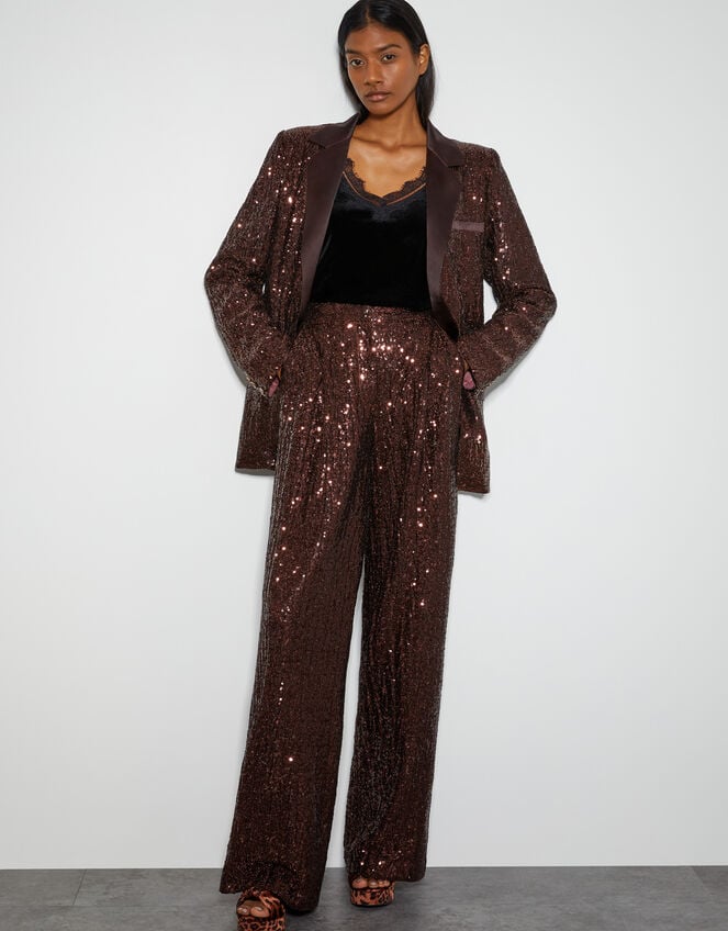 Monsoon x Sarah Corbett-Winder Wide Leg Sequin Trousers, Bronze (BRONZE), large