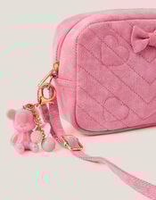 Heart Quilted Denim Cross Body Bag, , large