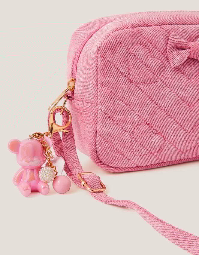 Heart Quilted Denim Cross Body Bag, , large