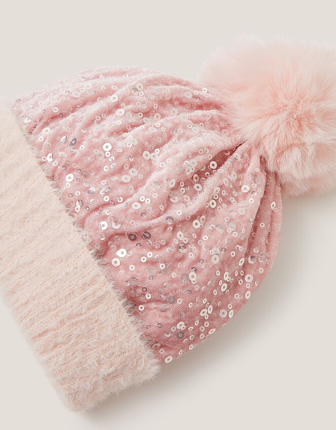 Sequin Pom-Pom Beanie Hat, Pink (PINK), large