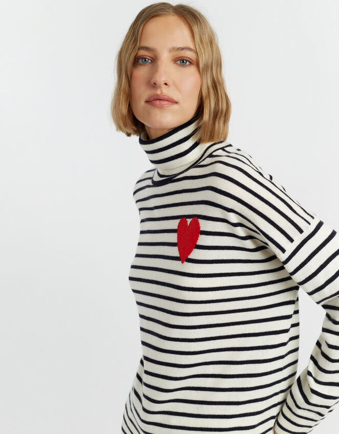 Chinti & Parker Heart Stripe Roll Neck Jumper, Cream (CREAM), large