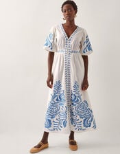 Maria Embroidered Puff Sleeve Midi Dress, White (WHITE), large