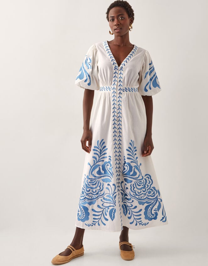 Maria Embroidered Puff Sleeve Midi Dress, White (WHITE), large