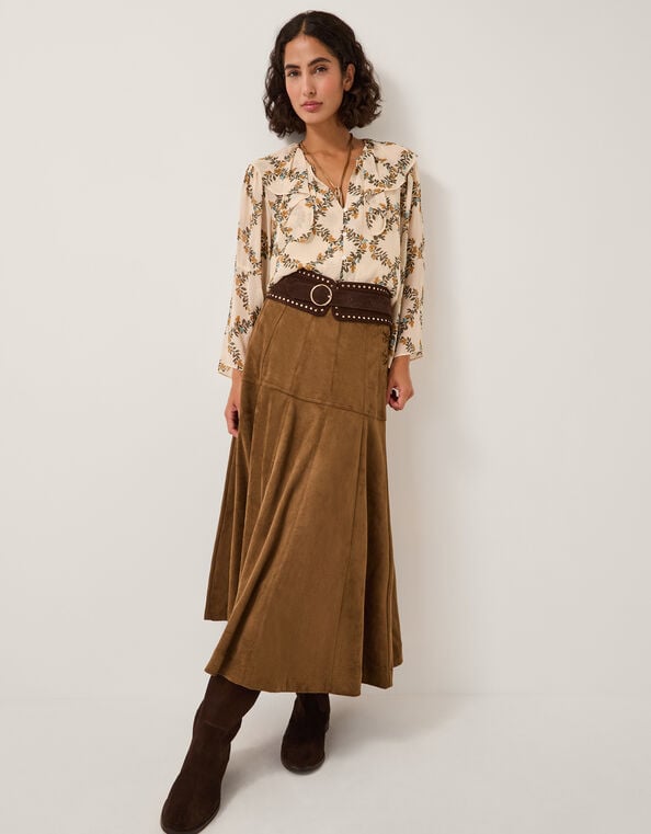 Macy A-Line Faux Suede Midi Skirt, DARK BROWN, large
