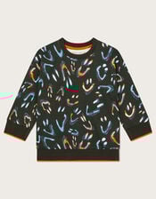 Glow In The Dark Smile Print Sweatshirt, Black (BLACK), large