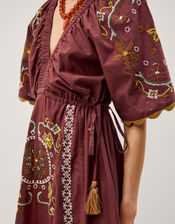 Greta Short Sleeve Embroidered Midi Dress, Brown (BROWN), large