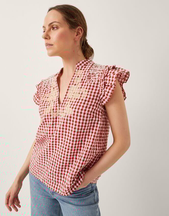 Greta Embroidered Gingham Top, Red (RED), large