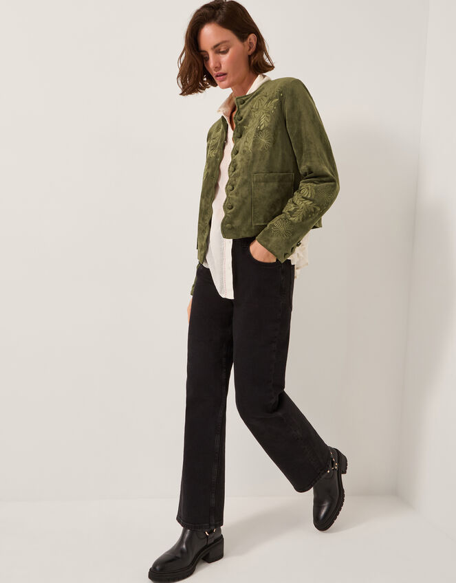 Ari Embroidered Suedette Jacket, Green (KHAKI), large