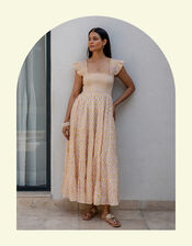 Dilli Grey Tara Smocked Block Print Maxi Dress, Yellow (YELLOW), large