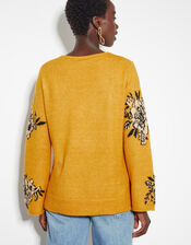 Jess V-Neck Floral Jacquard Jumper, Yellow (OCHRE), large