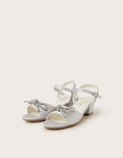 Diamante Bow Satin Heeled Sandals, Silver (SILVER), large