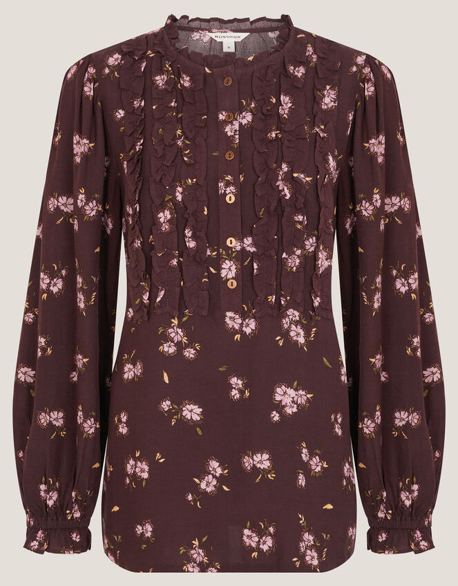 Hanya Floral Print Ruffle Blouse, Brown (BROWN), large