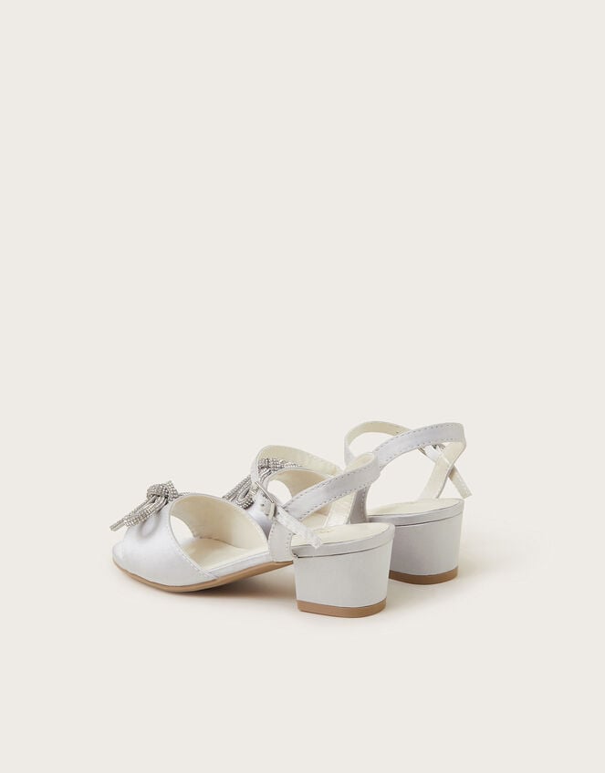 Diamante Bow Satin Heeled Sandals, Silver (SILVER), large