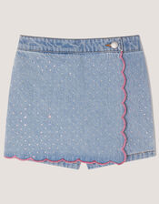 Rhinestone Scallop Denim Skort, Blue (BLUE), large